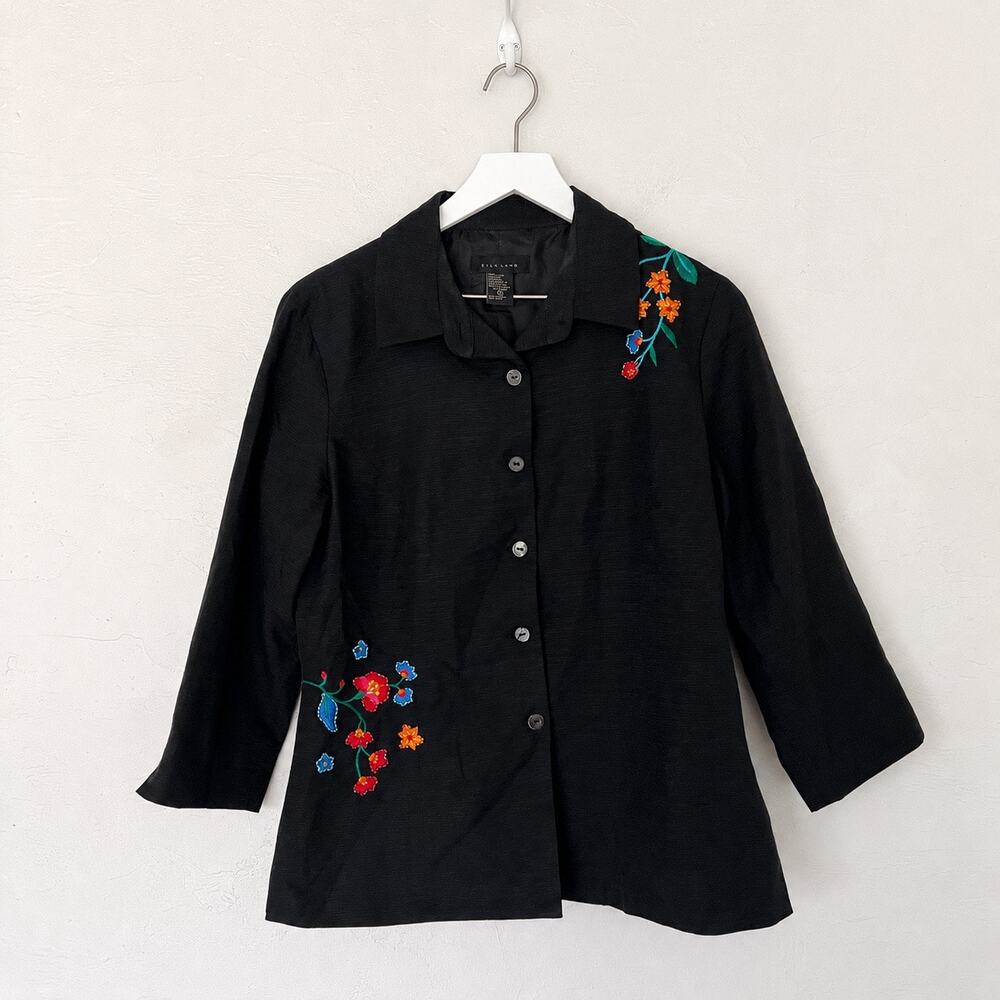 Silkland Black Embroidered Floral 100% Silk Button Front Jacket Medium